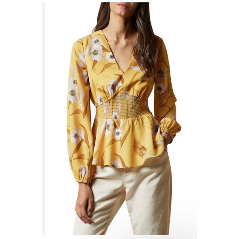 Ted Baker Saniyah cabana smocked waist yellow floral blouse 3 U.S. 8